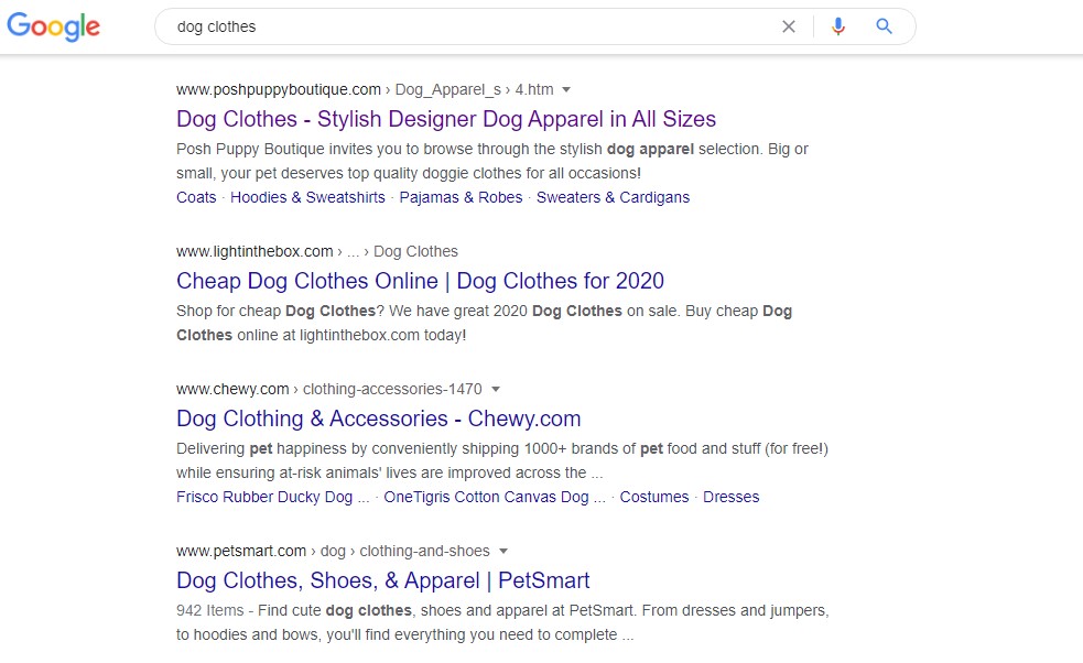 Screenshot of "dog clothes" search in Google